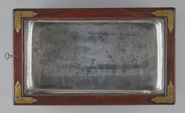 Bidet, unknown origin, hygiene; cuboid mahogany bidet containing a plated container of the same