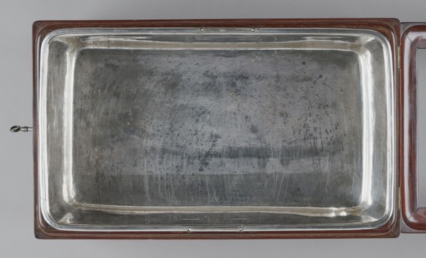 Bidet, unknown origin, hygiene; cuboid mahogany bidet containing a plated container of the same
