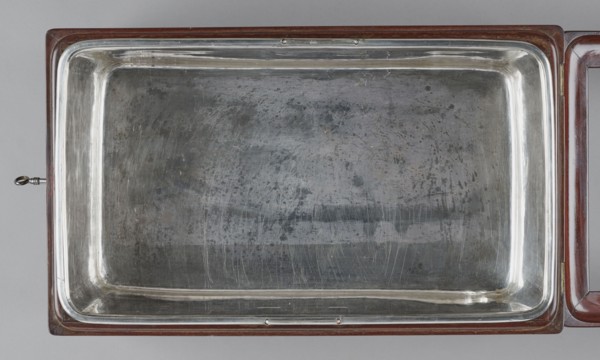 Bidet, unknown origin, hygiene, cuboid mahogany bidet containing a plated container of the same