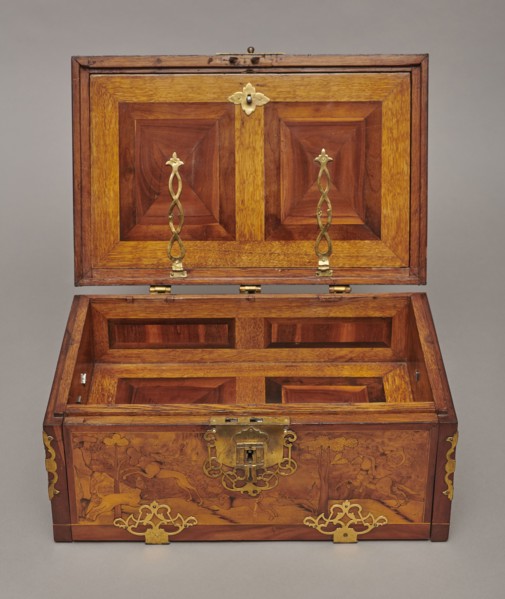 Casket, Baroque cuboid case inlaid with figural scenes and openwork brass fittings. Front shows a