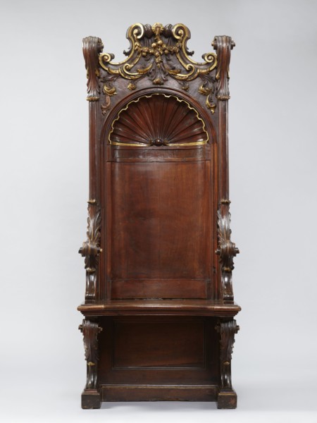 Church throne armchair, carved, mid-18th century, Italy. Seating piece furniture with two console