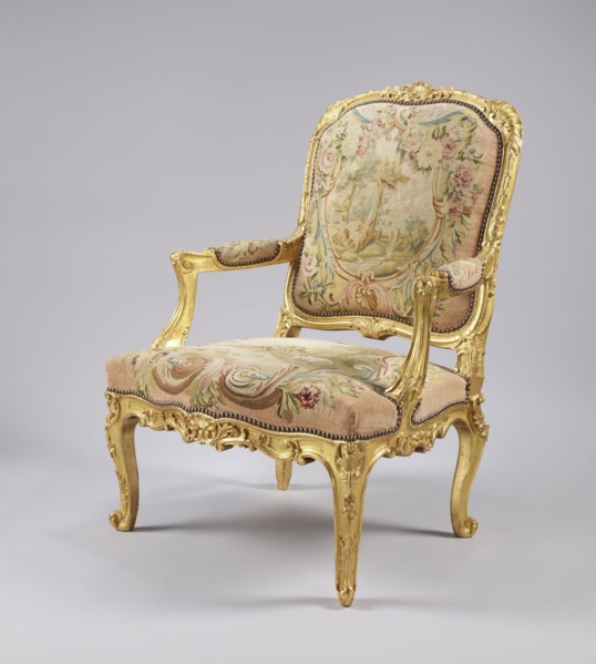 Armchair by Jean-Baptiste Oudry 1686–1755 and unknown co-creator; carved, gilded, and upholstered