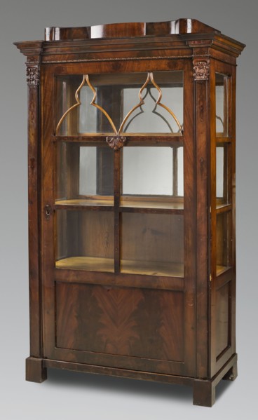 Display cabinet, plant decoration, Biedermeier style, architectural elements in the finial. In the
