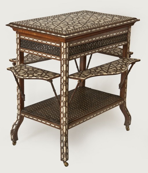 Side table. Rectangular side table with drop-down desks on each side and a bottom shelf, inlaid