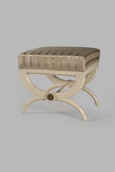 Stool, origin unknown, Empire style, rosette ornament. Rectangular stool with a black painted
