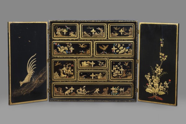 Cabinet, origin unknown, chinoiserie decoration with flowers, birds, trees, rocks, genre scenes