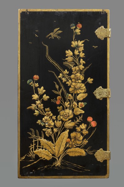 Cabinet, origin unknown, chinoiserie decoration with flowers, birds, trees, rocks, genre scenes