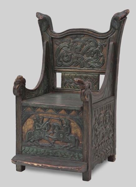 Armchair, wickerwork ornament, battle scenes, knights, plant ornament, dogs, ca. 1500 or 1st half