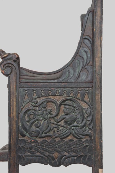 Armchair, wickerwork ornament, battle scenes, knights, plant ornament, dogs, ca. 1500 or 1st half