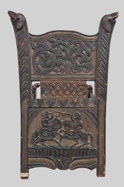 Armchair, wickerwork ornament, battle scenes, knights, plant ornament, dogs, ca. 1500 or 1st half