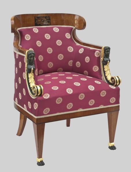 Armchair Berzera, plant decoration, female heads ornament, torches, roses, lion paws, arrows,