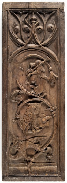 Furniture panel in bas-relief in the shape of an elongated standing rectangle, late 15th century,