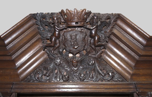 Wardrobe, putti, Baroque style, coats of arms, plant decoration, lion masks, personifications of