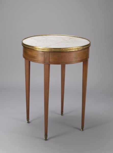Table, classicism style, geometric ornament, round mahogany table with a white marble top enclosed