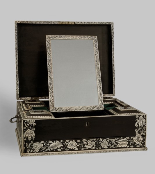 Travel dressing table, Baroque style, ca. 1750, Vizagapatam, India. Ebony cuboid with a lifting lid
