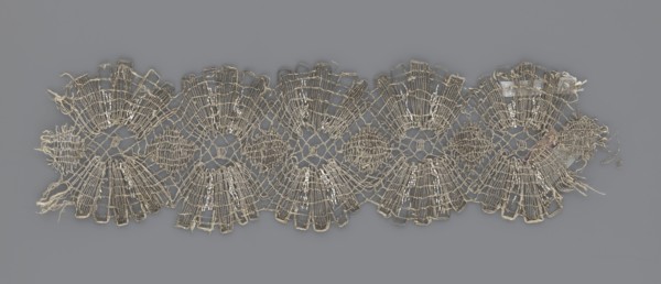 Lace fragment, lace, metal threads, 18th century, Europe, fabric, width 8.2 cm, length 27.5 cm., A