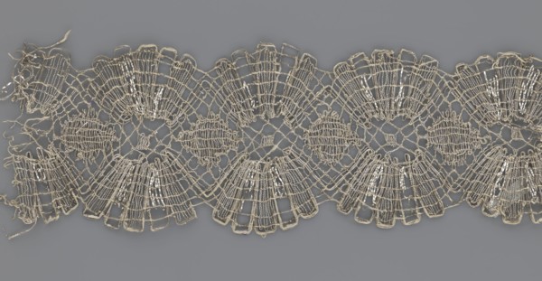 Lace fragment, lace, metal threads, 18th century, Europe, fabric, width 8.2 cm, length 27.5 cm., A