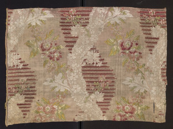 Fabric fragment: patterned silk with floral and lace motifs, mid-18th century, France. Silk fabric