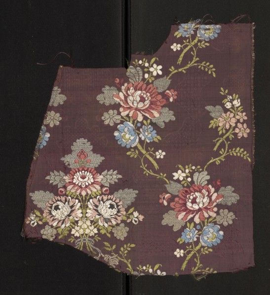 Fabric fragment, fragments of silk fabric, patterned with a symmetrical composition of bouquets and