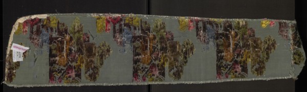 Fabric fragment, silk taffeta background in blue-green, brocaded with colorful threads in a twill