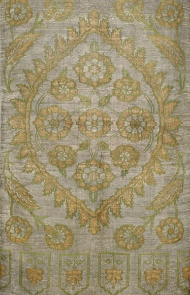Fabric slab, fragments of a larger textile object, silk fabric. In the center, a large palmette