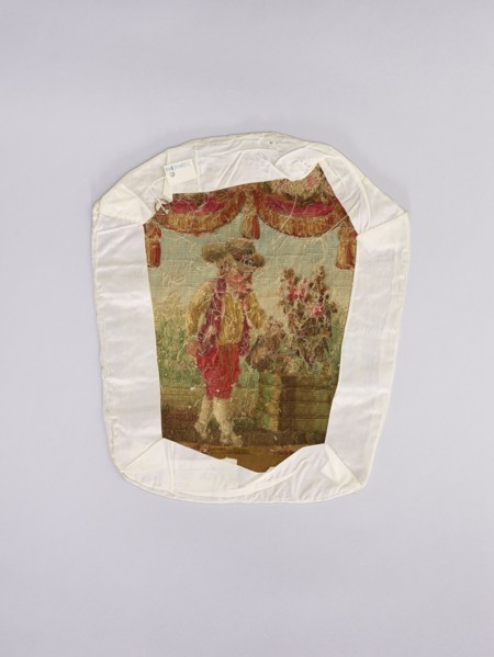 Three tapestry armchair covers, assorted designs: flowers, floral ornaments, genre scenes, interior