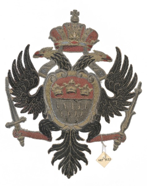 Coat of arms cartouche, restitution, embroidery: heraldic double-headed eagle bearing coats of