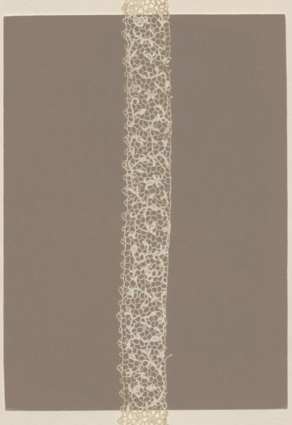Lace fragment, needle lace, pattern composed of branched floral stem motifs with connecting spans