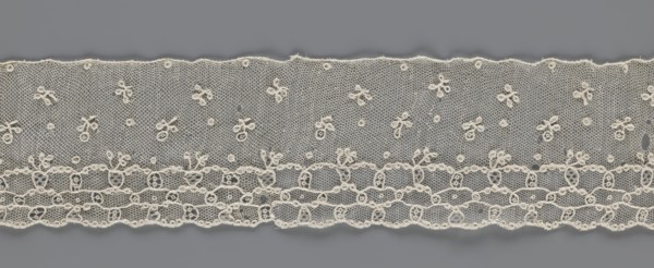 Lace fragment, lace, Edge ornament on one side - a kind of net with numerous loops, small round and