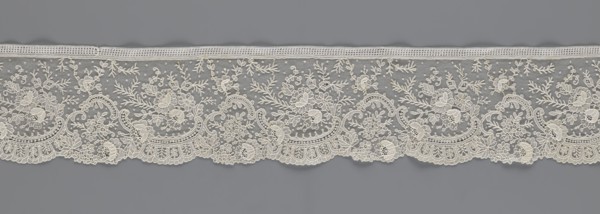Lace fragment, Lace with floral ornaments, rocaille motifs, over-stylized fan-shaped ribbons with