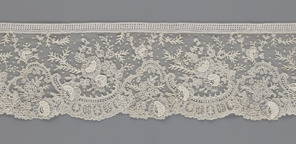 Lace fragment, lace with floral ornaments including rose flowers—some modeled in relief with petals