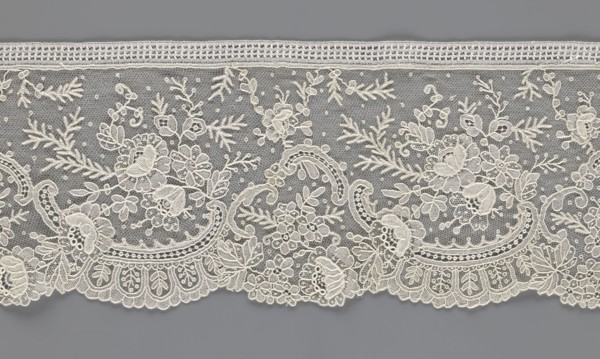 Lace fragment, lace, floral ornaments with rocaille motifs, over-stylized fan-shaped ribbons with