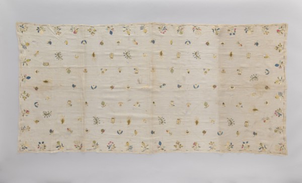 Church napkin tablecloth made of very thin linen batiste covered with multicolored silk embroidery.