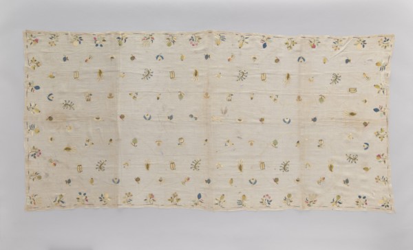 Church napkin tablecloth made of very thin linen batiste covered with multicolored silk embroidery.