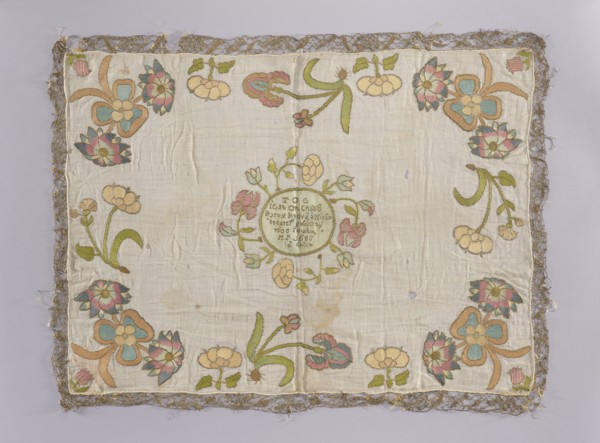 Church napkin vellum? made of white linen batiste embroidered with multicoloured silk threads. In