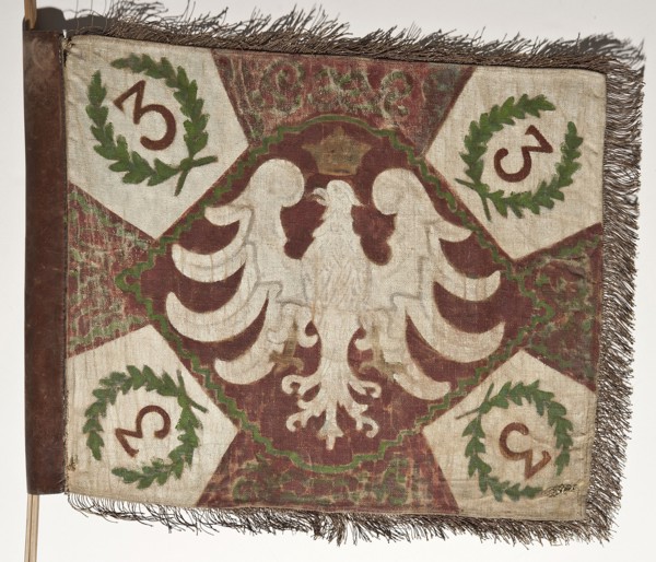 Double-sided scout pennant with painted decoration and inscriptions; vexil featuring a crown motif,