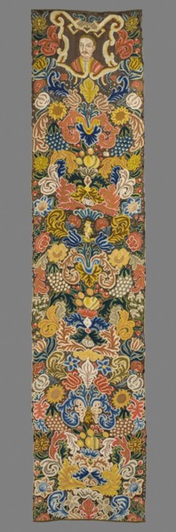 Tapestry, Tapestry embroidered in wool and silk on linen canvas. In the upper part, within a