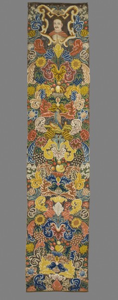 Tapestry. Tapestry embroidered in wool and silk on linen canvas. In the upper part, within a