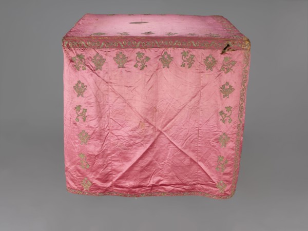 Church cope, liturgical vestment, 17th century, Poland. Made of raspberry satin, embroidered with