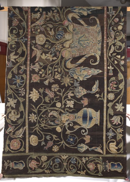 Tapestry. Tapestries. Birds, flowers, coats of arms, fruit; decorative tapestry for manor/home