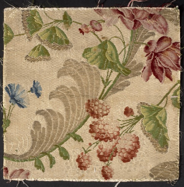 Fabric fragment, silk, 18th century France. Background: cannetillé white; pattern brocaded with