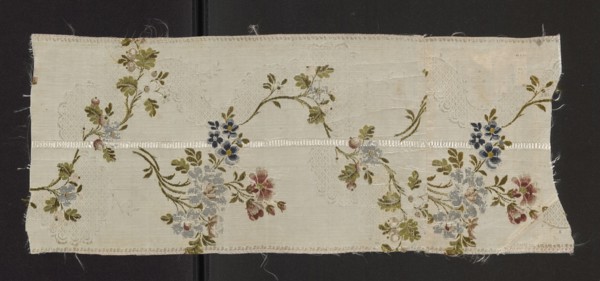 Fragment of silk fabric, patterned brocade, 18th century France. Floral design with dark and light