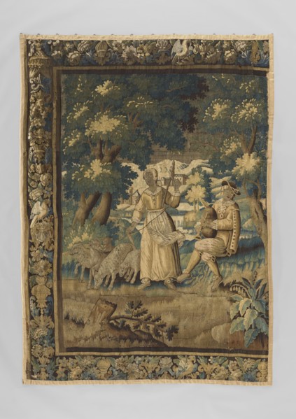 Figural tapestry, flowers, sheep, trees, bagpipes, landscapes, buildings, borders, folk musical