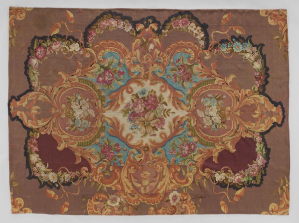 Ornamental tapestry, Cut from a larger piece; in the center, a bouquet of flowers in a medallion