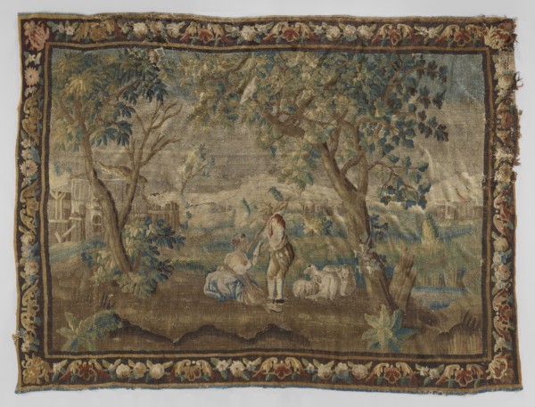 Figural tapestry, flowers, floral ornaments, fruit, trees, pastoral depictions, interior