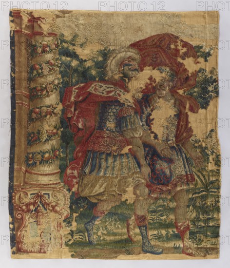 Fragment of a figural tapestry, flowers, leaves, floral ornaments, warriors, armor, fabrics,