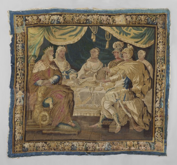 Figural tapestry, provenance, subject: royal feast — around a table under hanging draperies sit a