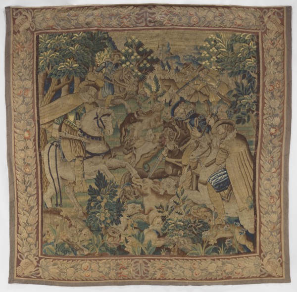 Figural tapestry, provenance unknown. In the foreground at the edge of a forest, among low
