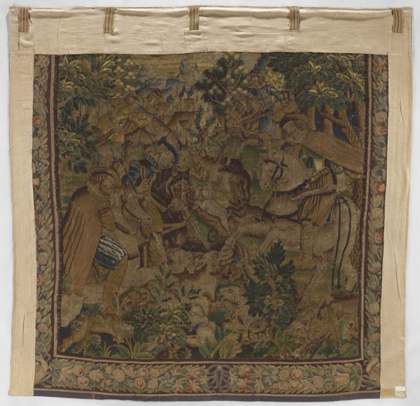 Figural tapestry, Scene: in the foreground at the edge of a forest, among low vegetation, dogs