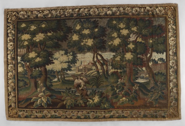 Tapestry — verdure;, In the center, on the trunk of a broken tree, a duck sits among clumps of